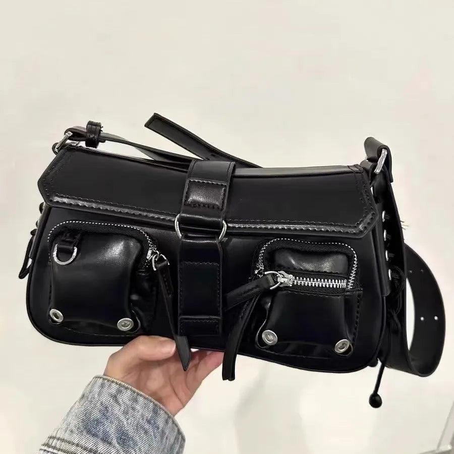 Black PU baguette messenger bag with adjustable shoulder strap showing dimensions