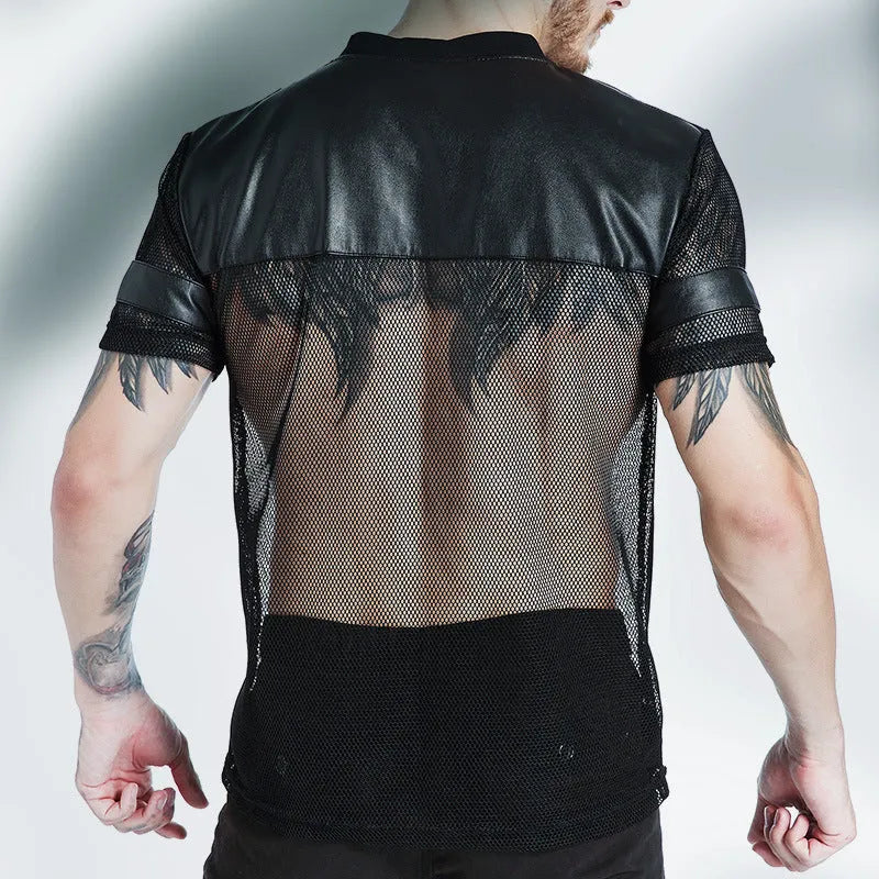 Men's black mesh sports t-shirt with V-neck design and stitching collage craft on short sleeves