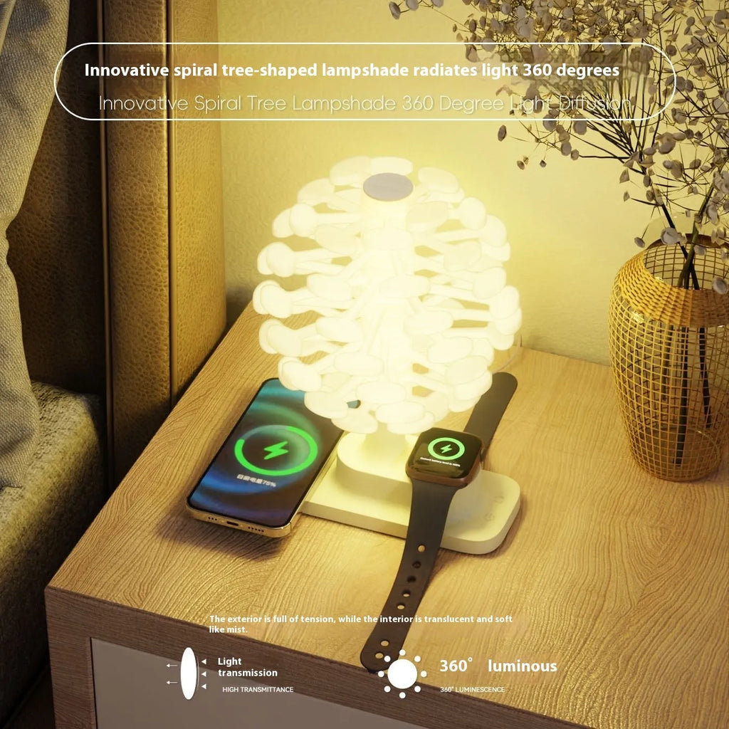 White spiral tree LED table lamp with geometric design on wooden desk