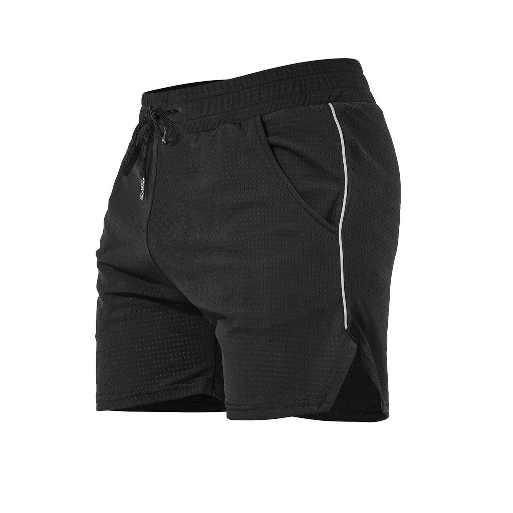 Men's straight-leg sports shorts in polyester, shown in black, grey, navy blue, and red colours.