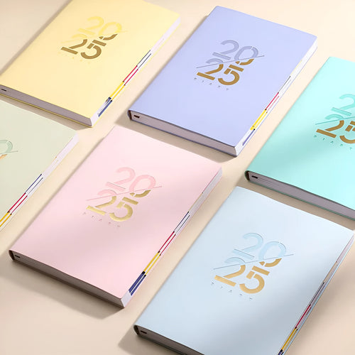 A5 faux leather daily schedule book open showing Dorian paper pages with binding detail