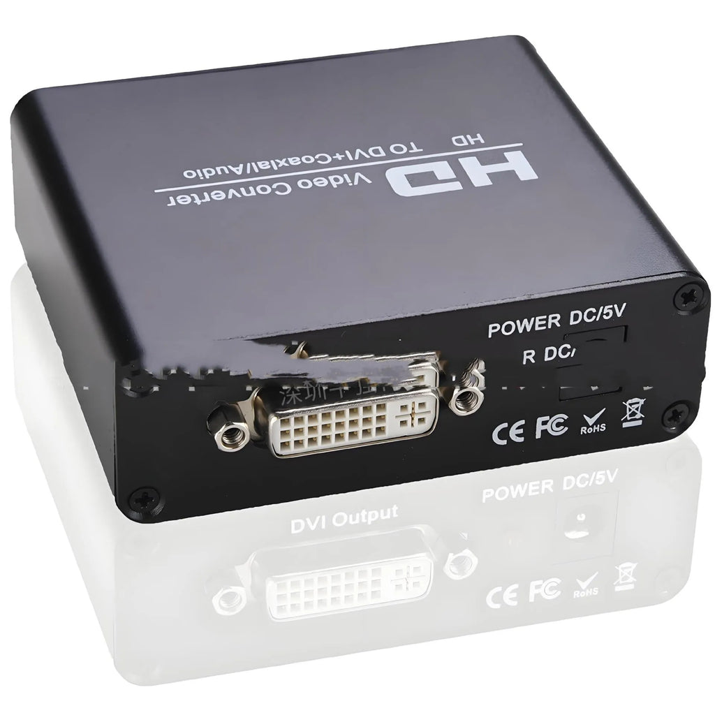 Black HDMI to DVI digital converter with coaxial audio output port and a 1.5-metre black connection cable.