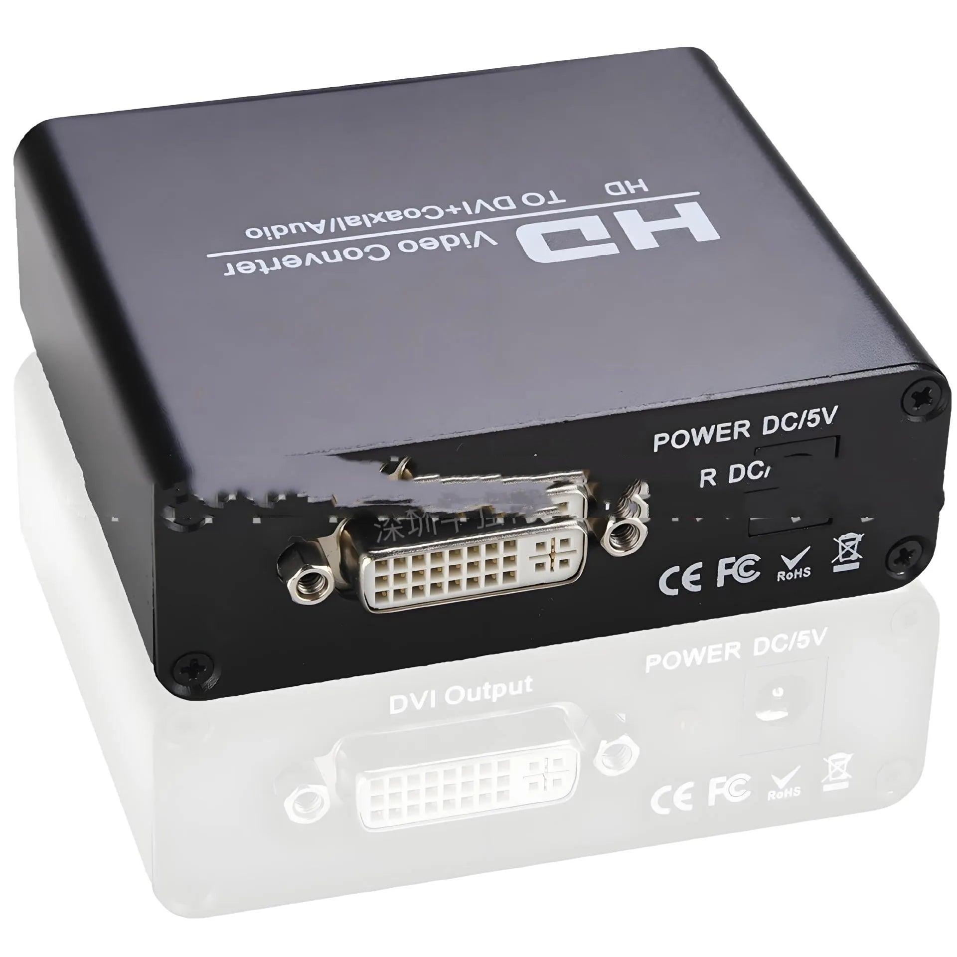 Black HDMI to DVI digital converter with coaxial audio output port and a 1.5-metre black connection cable.