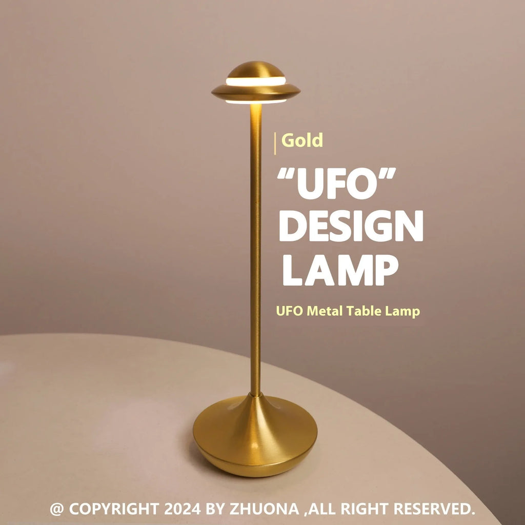 Rechargeable UFO table lamp in black with touch dimming controls