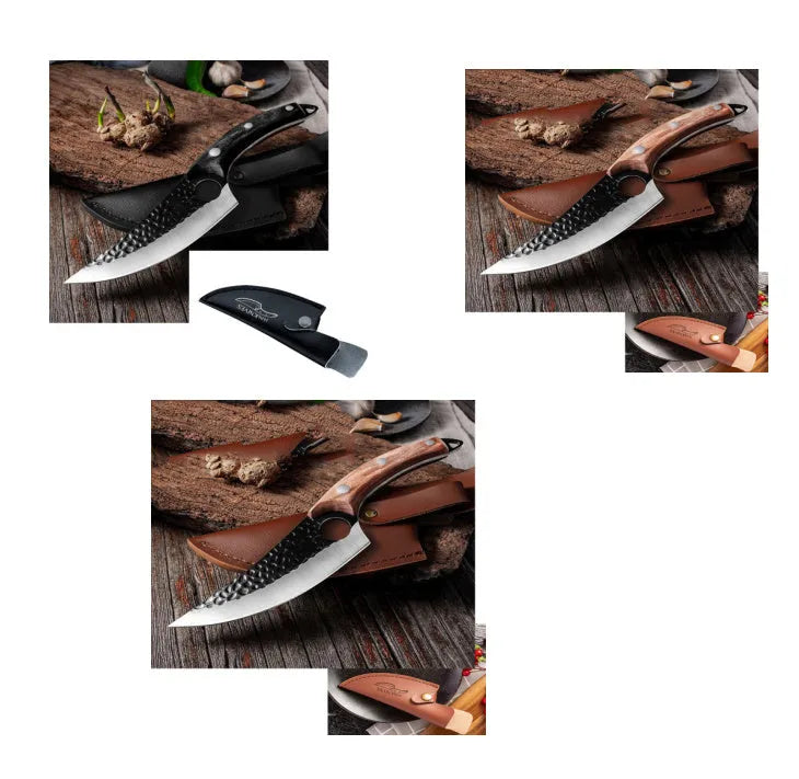 Butcher scimitar knife with curved blade and leather sheath for slaughtering and skinning animals