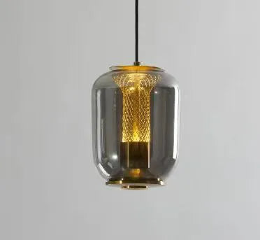 Minimalist Nordic chandelier in clear, cognac, or smoky grey colour, 16 cm wide by 20 cm high.