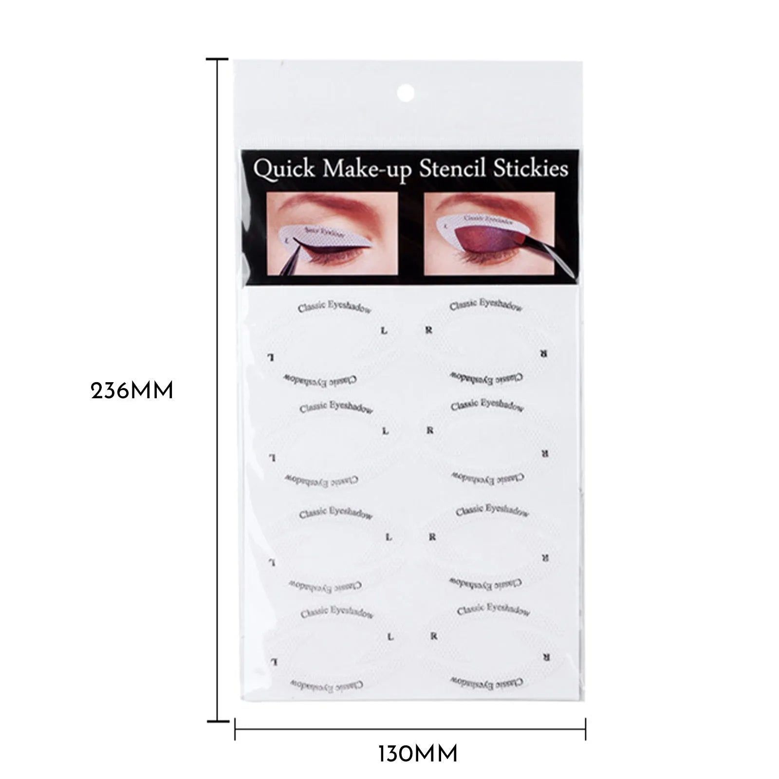 Set of four reusable flexible eyeliner sticker makeup templates on a pink background.