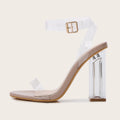 Women's apricot high heel sandals with clear glass heel and buckle strap.