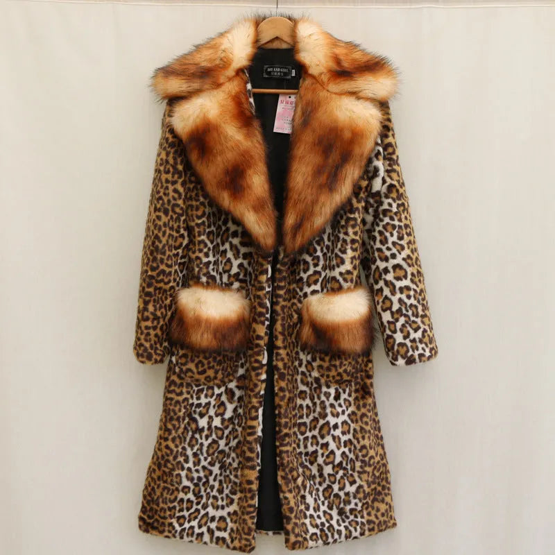 Women's long faux fur leopard print jacket with regular sleeves on a hanger.