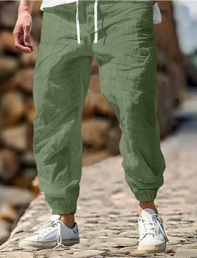 Men's straight-leg cotton trousers with elastic waistband in Army Green colour