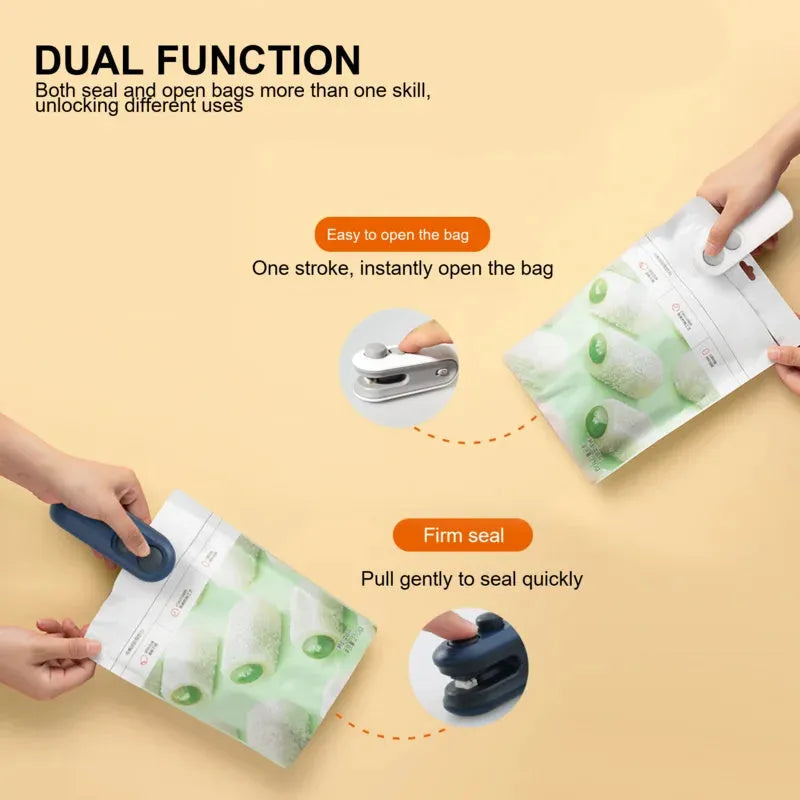 Blue and white handheld USB rechargeable heat sealer for sealing chip bags and food storage packets.