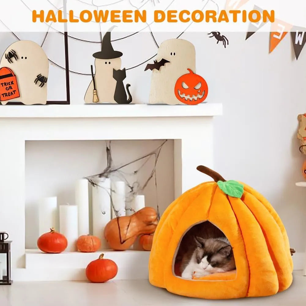 Pumpkin-shaped plush cat cave bed with a round opening, shown in grey colour.