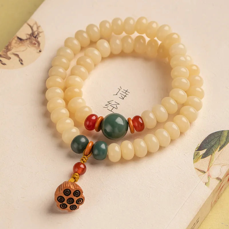 Wooden women's bracelet with milk butter bodhi beads in double ring design, beads measure 6x9mm