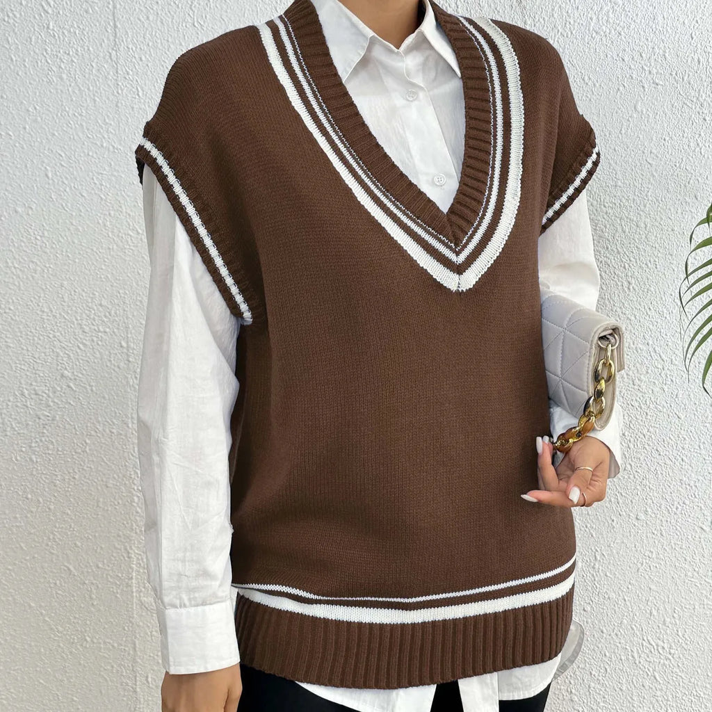 Women's loose-fit acrylic blend vest sweater in black, blue, or coffee, college style.