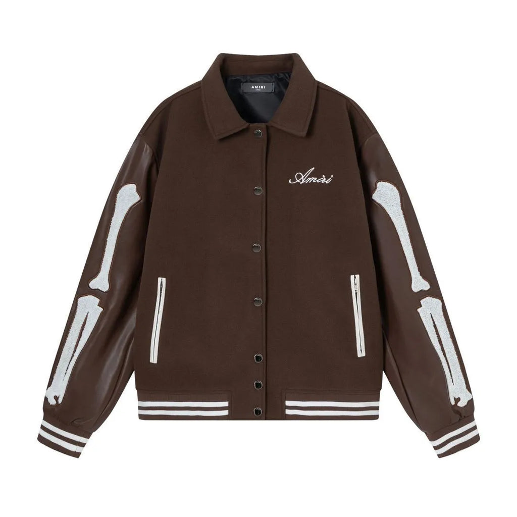 Women's apricot wool jacket with bone embroidery on the front, showing casual fit and stitch detail.