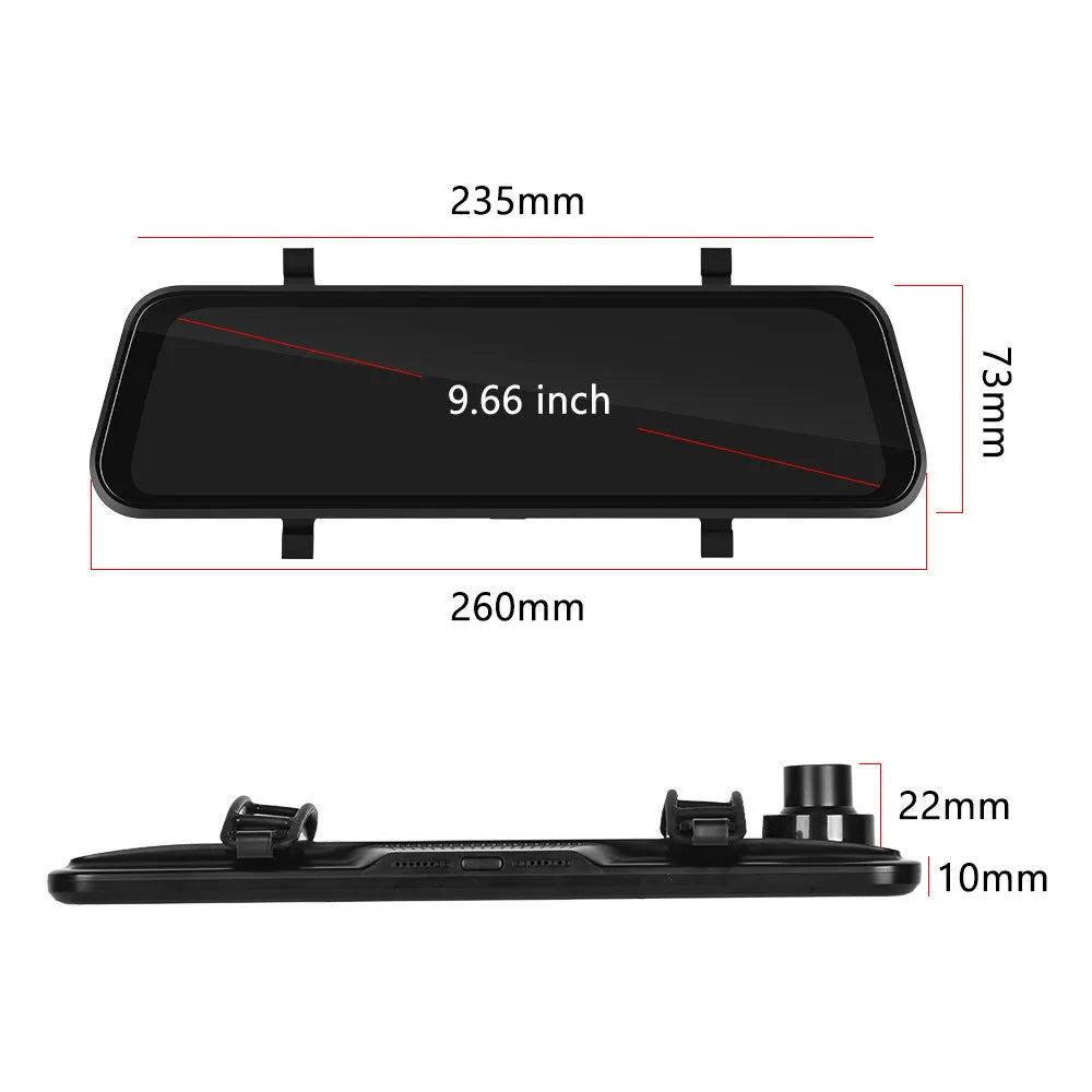 9.66-inch black wired dash cam rearview mirror recorder mounted on car windscreen with dual-camera display