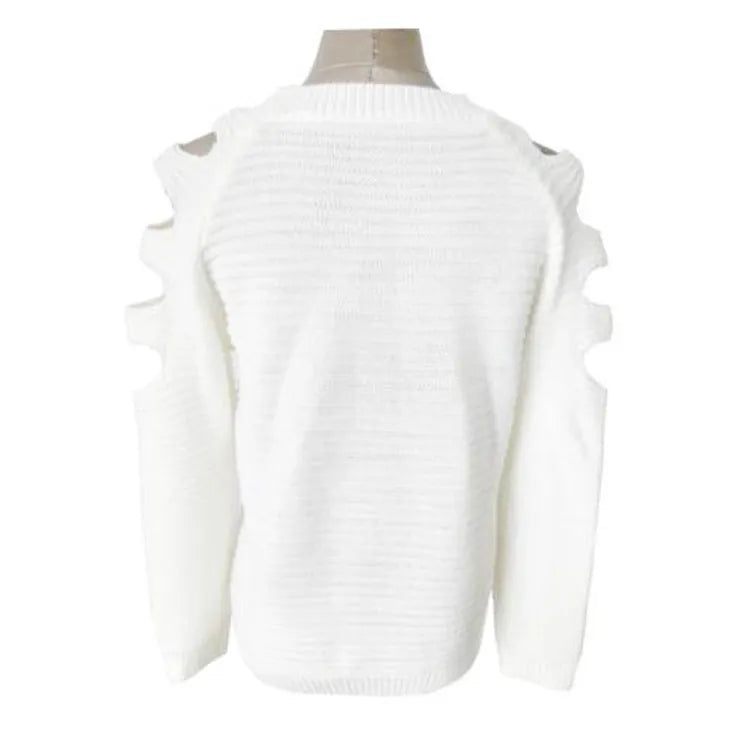 Women's knitted pullover shirt with crocheted hollow-out long sleeves in grey colour
