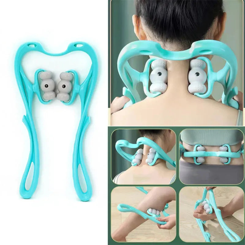 Blue manual neck massager with pressure nodes showing 360-degree rotation mechanism