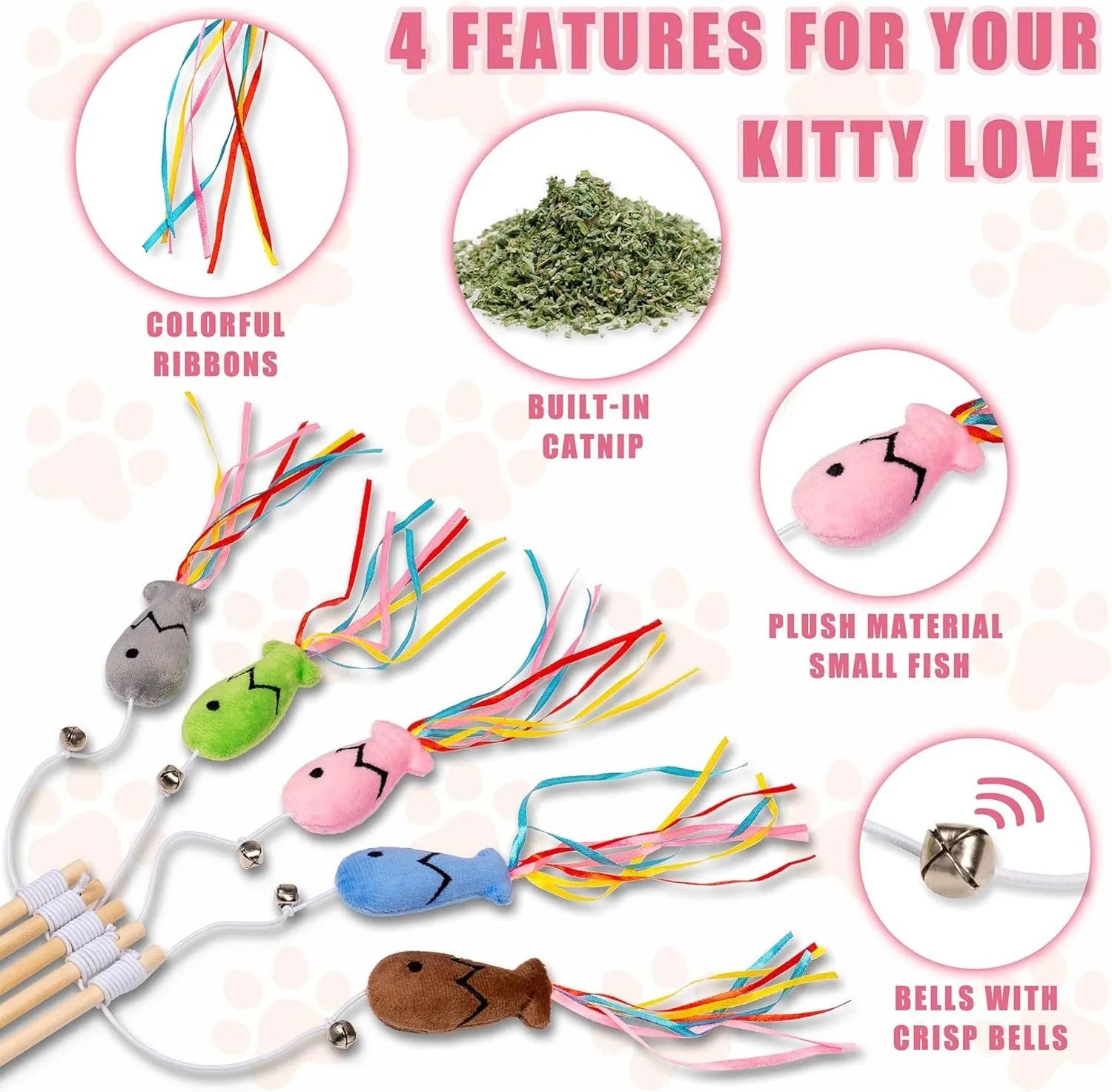 Blue cat wand toy with colourful ribbons, catnip fish, bell, and wooden handle for indoor cats.