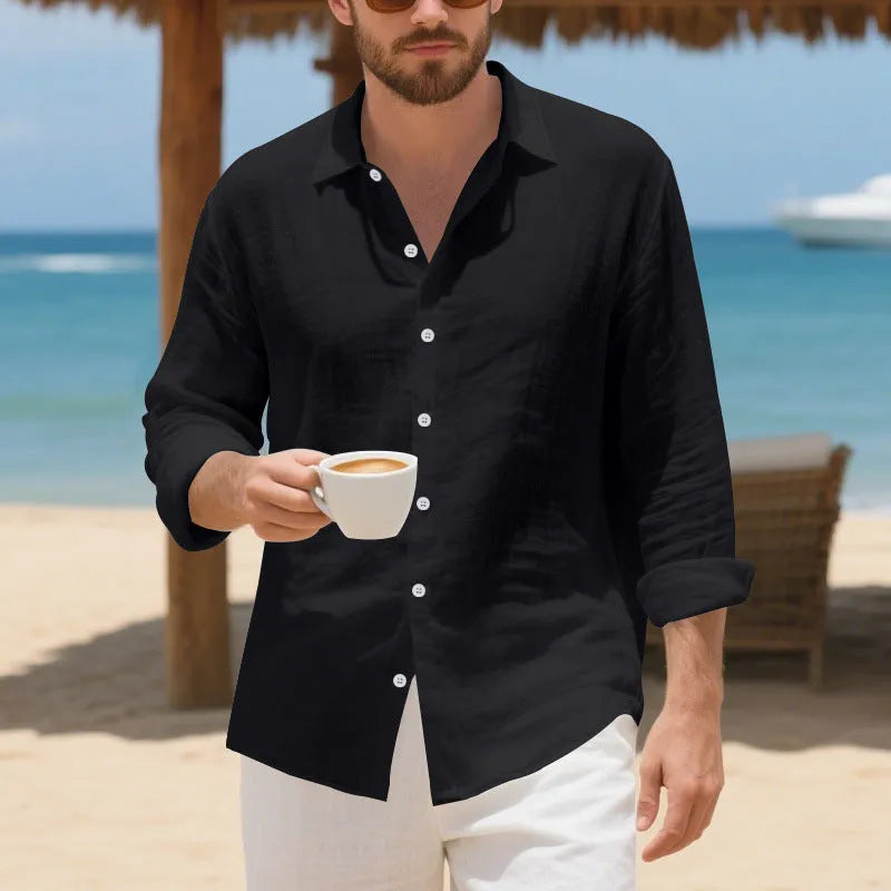 Linen casual shirt in a loose American-style fit, shown in army green colour.