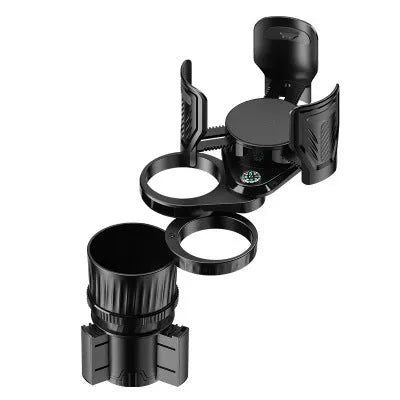 Black retractable car cup holder with adjustable base on a car dashboard.