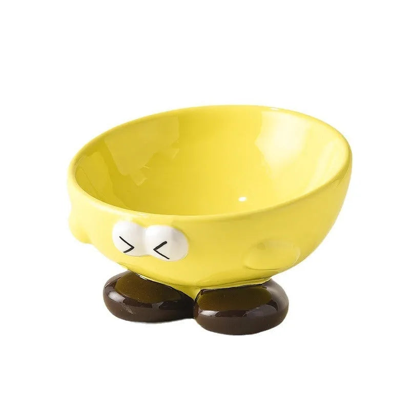 Blue oblique tall ceramic pet bowl with a cute expression design for cats and dogs.