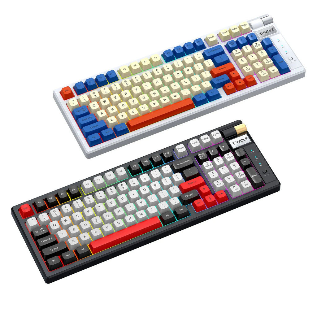 Bluetooth mechanical gaming keyboard in black and red or blue orange colours with USB receiver and cable