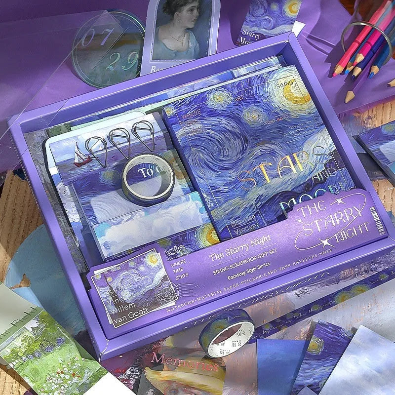 Hand Account Suit creative journal gift box open showing A6 grid notebook, paper stickers, cards, and photo frames.