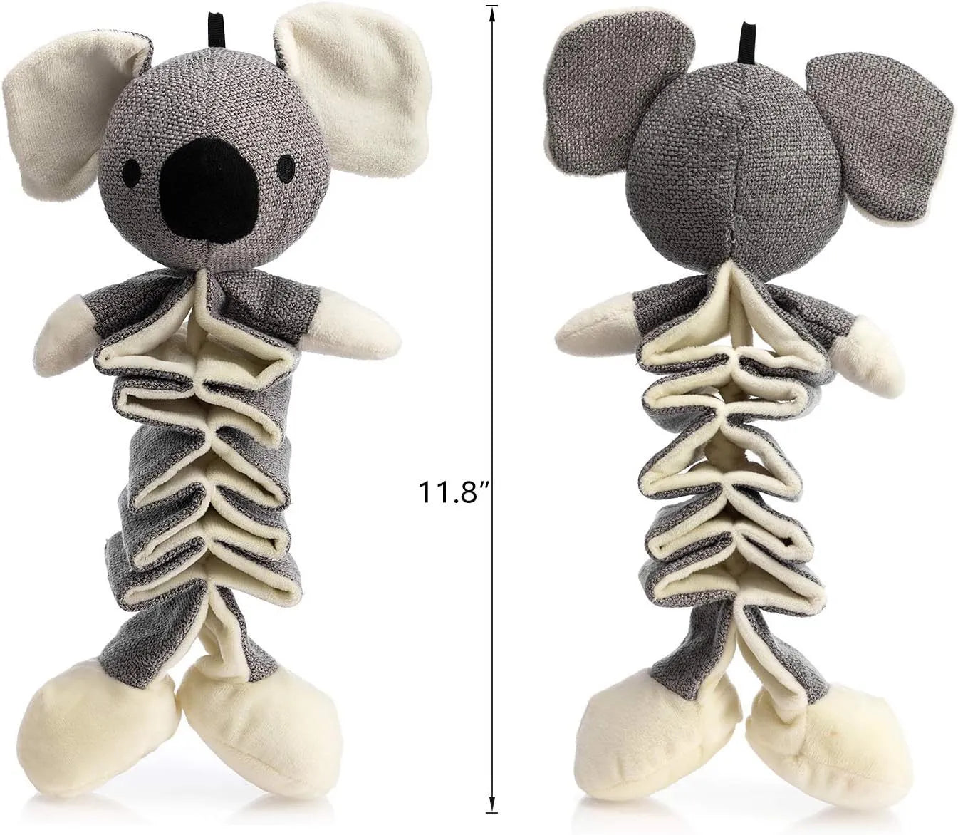 Grey koala dog toy measuring 30cm with crinkle paper inside and rope through body