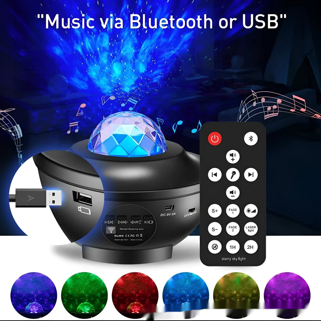 Black star projector lamp on desktop showing rotating laser water ripple and star projection effects