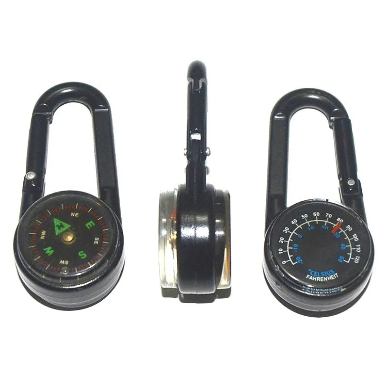 Black zinc alloy carabiner with built-in circular compass and rectangular thermometer display.