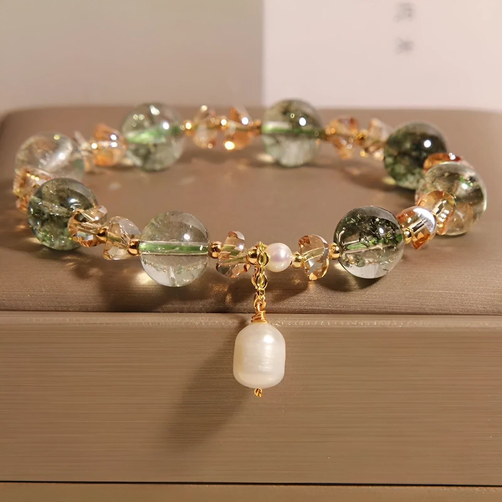 Women's natural chorite crystal bracelet with green phantom quartz stones and high-grade pearl accents