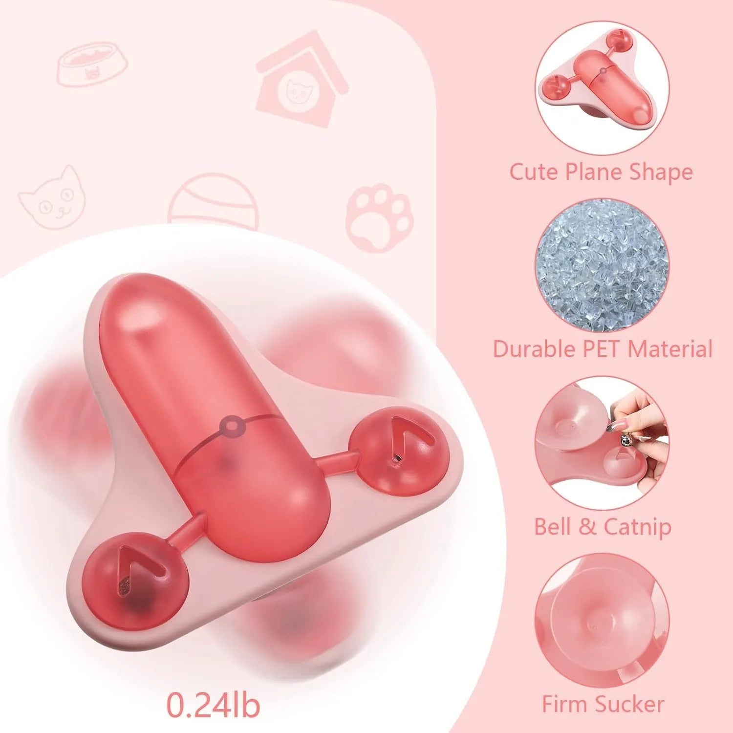 Interactive pet puzzle feeder with suction cup base showing bell, catnip and snack cabin components