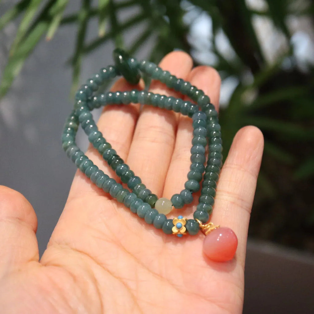 Blue water jade abacus bead bracelet with tourmaline rings and pearls on elastic string