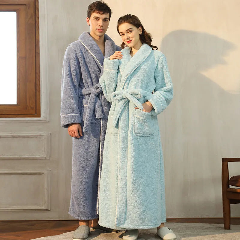 Plus-size men's bathrobe and women's nightgown couple set in thick winter flannel fabric