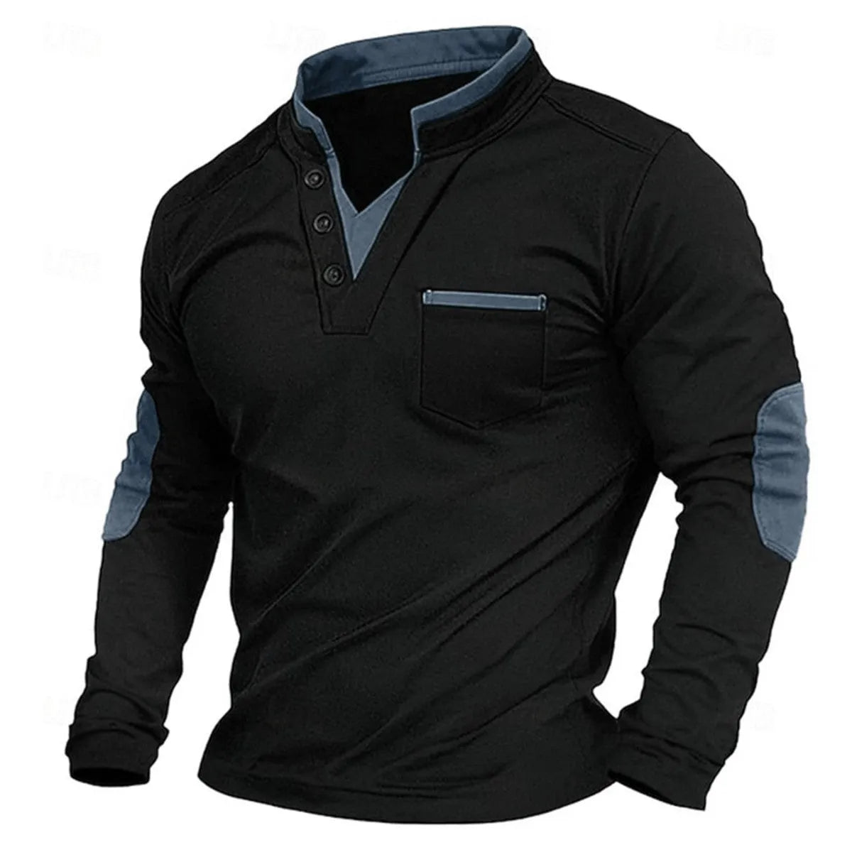 Men's stand collar long-sleeved sweater in solid black gray colour, stitching detail, pullover style, front view