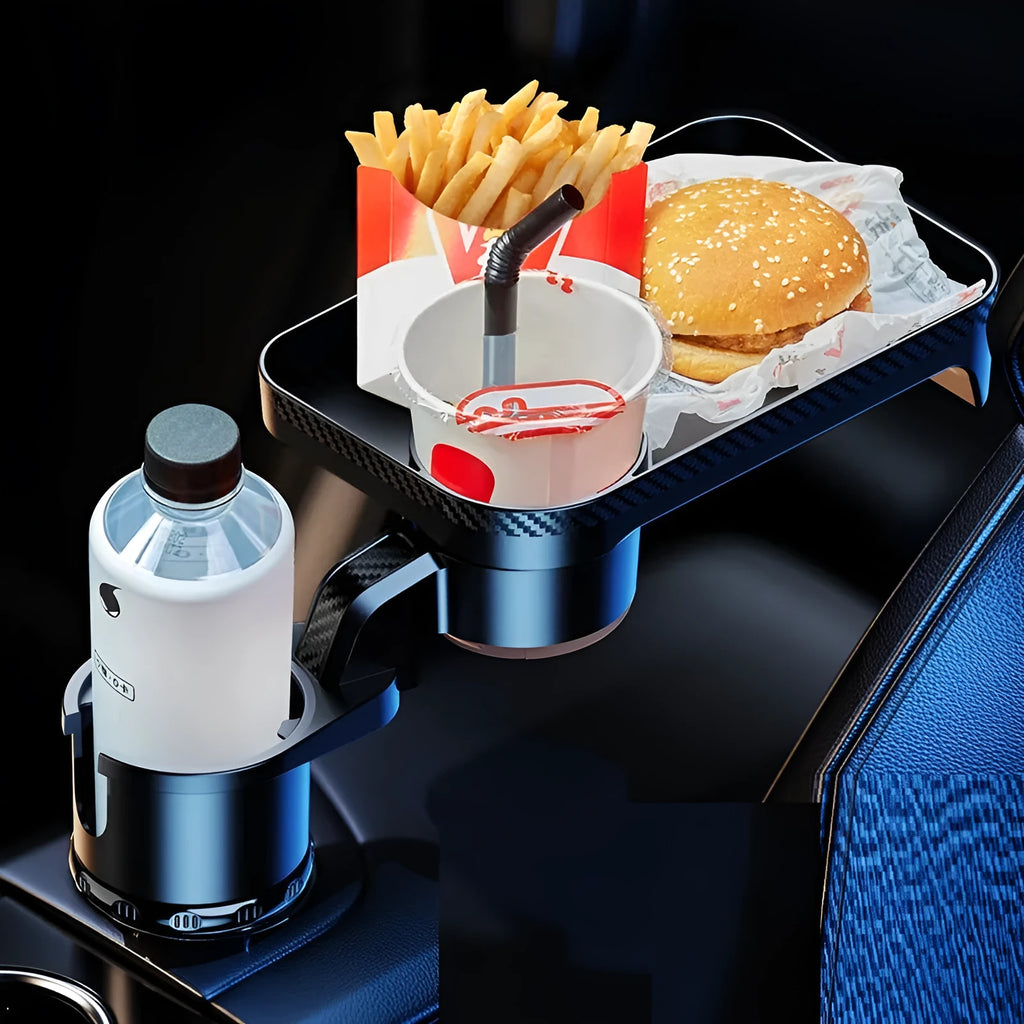 Black ABS plastic car-mounted rotating dinner tray holder installed in a vehicle cup holder.