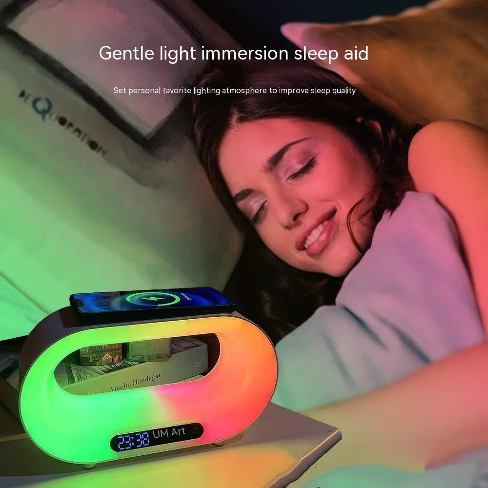 White smart LED desk lamp with wireless charging pad and alarm clock display in 3-in-1 design