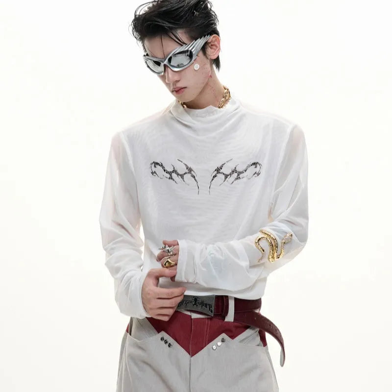 Man modelling a black slim-fit long sleeve mesh bottoming shirt with a textured ice-feel fabric.