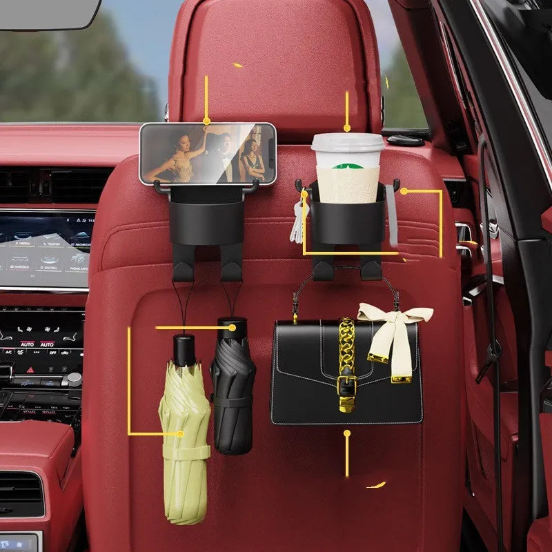 Black plastic car seat back organiser hook with cup holder and hanging hook