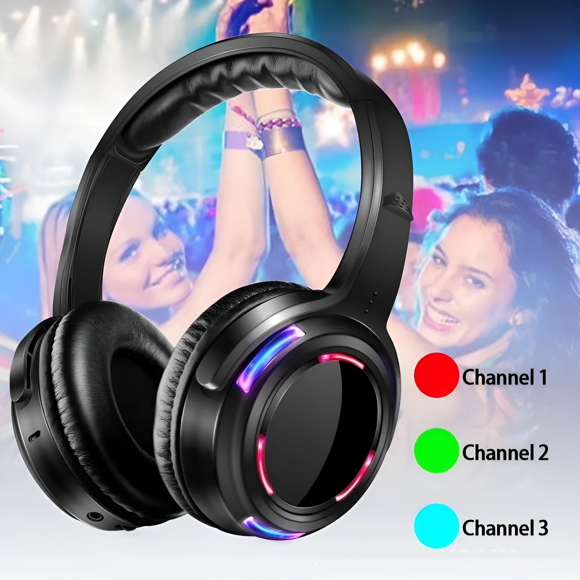 Black silent disco wireless headphones with 40mm drivers and 3m cable showing 3.5mm plug