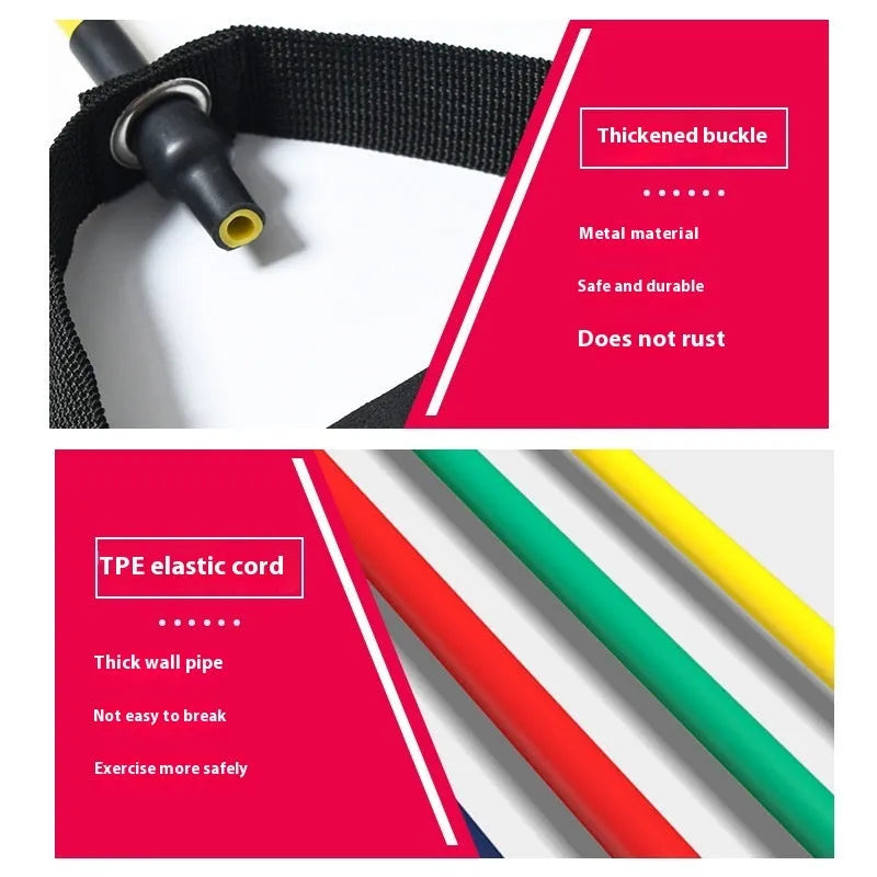 Colour-coded TPE chest expander rope showing yellow, green, red, blue, and black resistance bands for fitness training