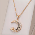 Rose gold star moon necklace with adjustable water wave chain showing zircon and enamel pendant details
