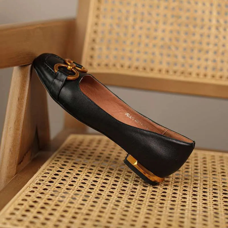 Wanwan Lei style Mary Jane pumps with metal flat decoration, square toe, and super high heel
