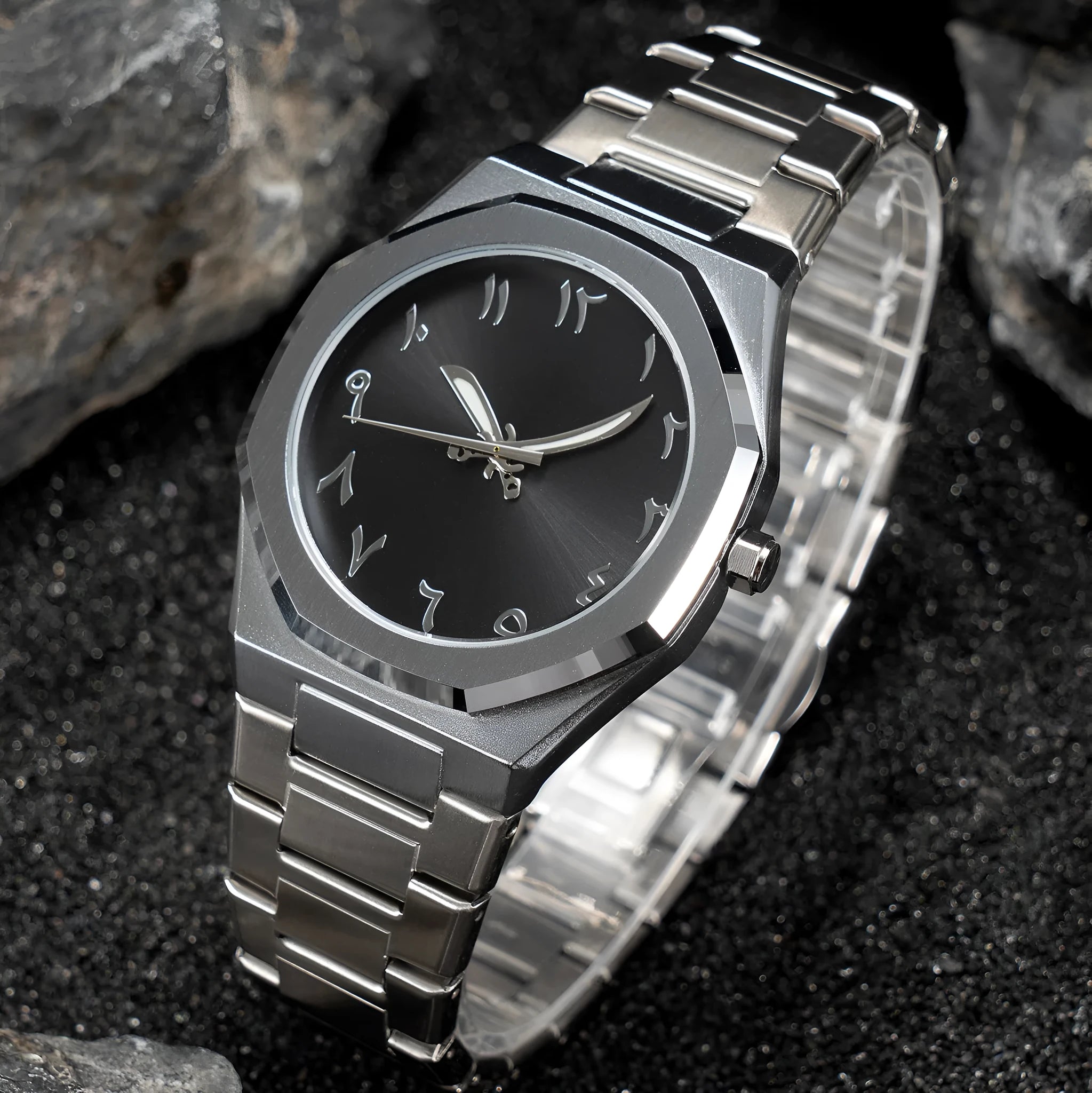 Men's business casual stainless steel quartz wristwatch showing a 10mm profile