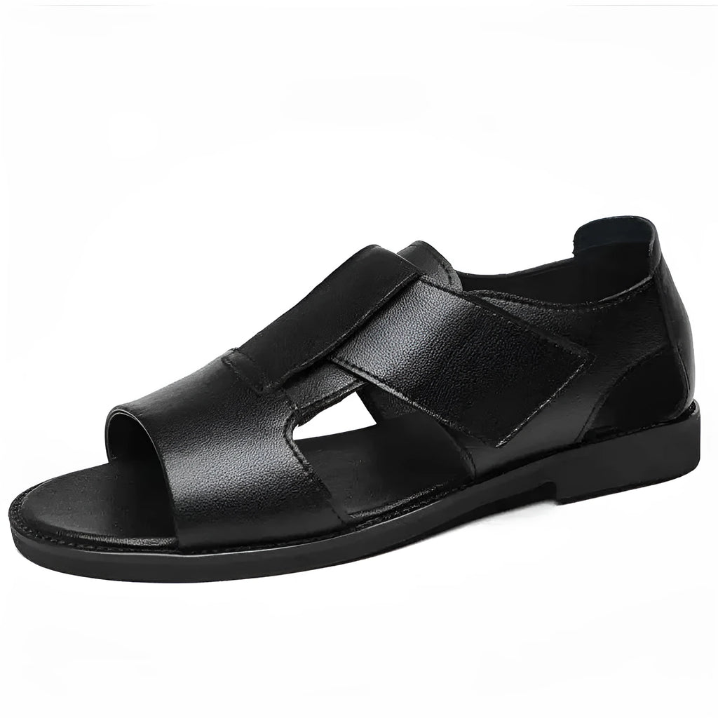 Men's black and brown casual leather sandals with open toe and rubber sole.