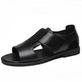 Men's black and brown casual leather sandals with open toe and rubber sole.