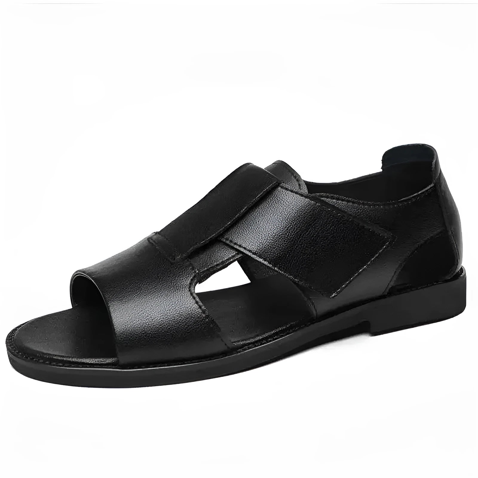 Men's black and brown casual leather sandals with open toe and rubber sole.