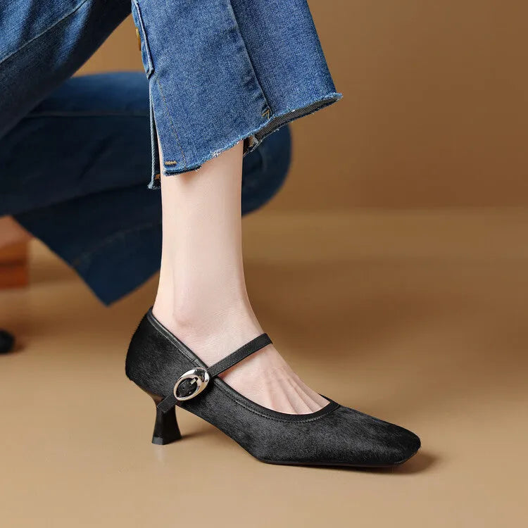 Women's black square toe stiletto heel ankle-strap shoes with horse hair uppers and buckle closure