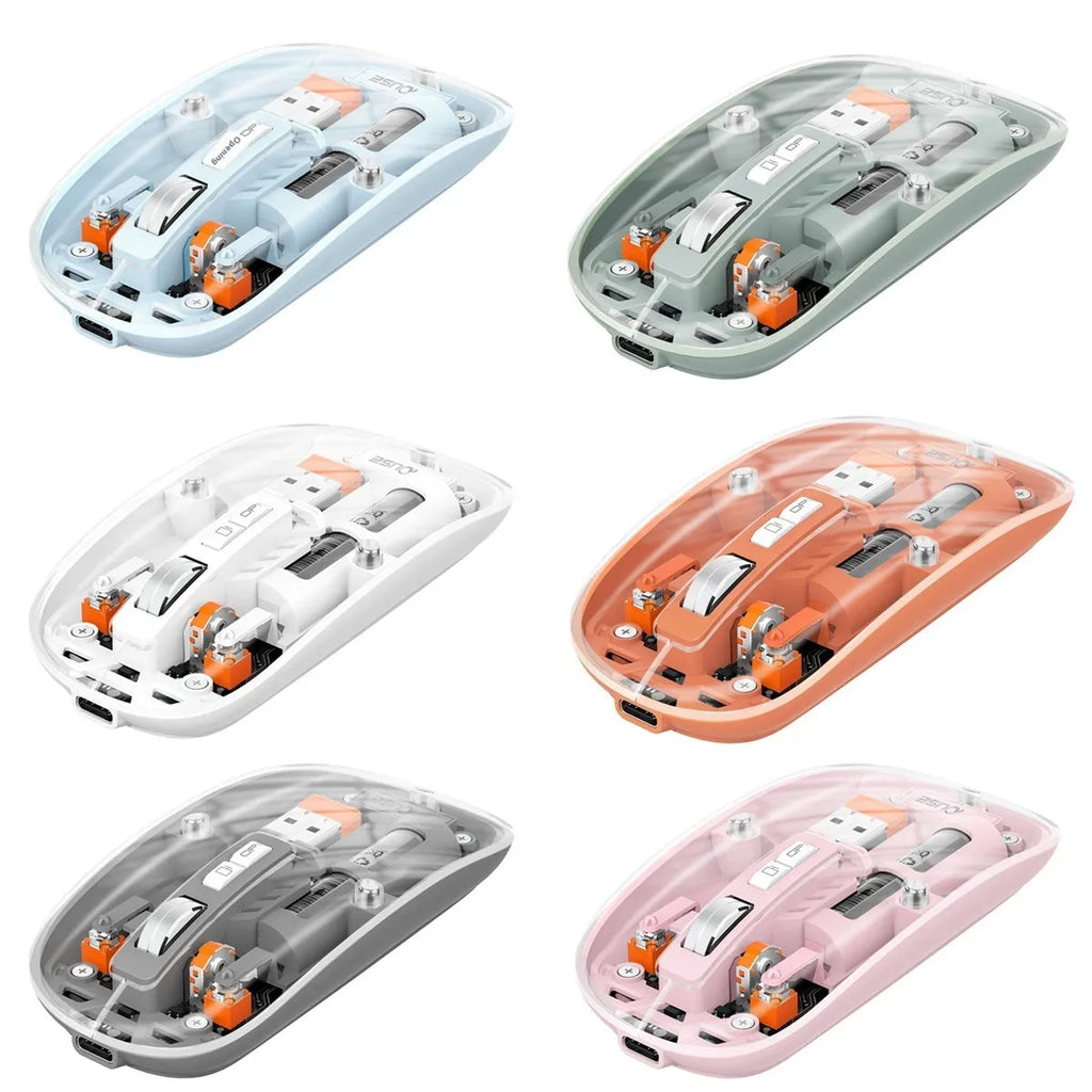 Transparent wireless computer mouse with self-charging feature in various colours